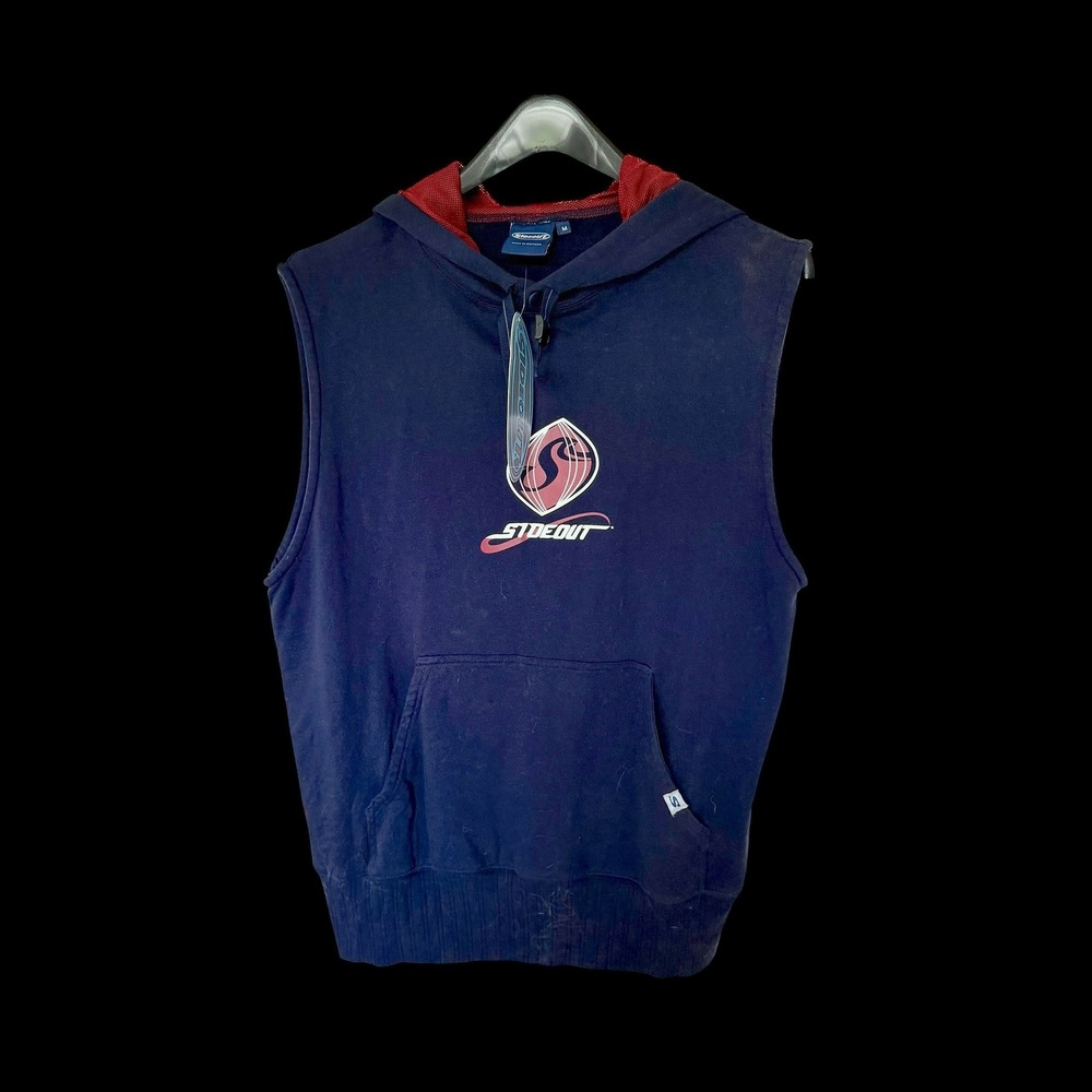 90's Sideout Sleeveless Hoodie Navy Blue Mesh‎ Hood Logo Pullover Vest M NWT